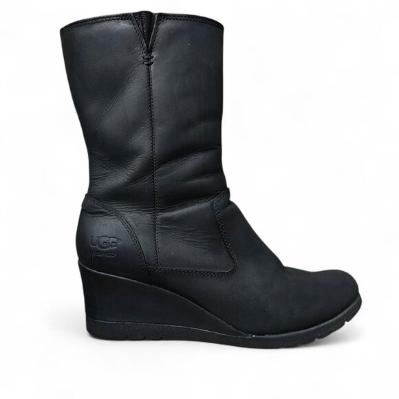 UGG JOELY Women's Waterproof Wedge Leather Shearling Zip Black Calf Boot - Picture 1 of 16